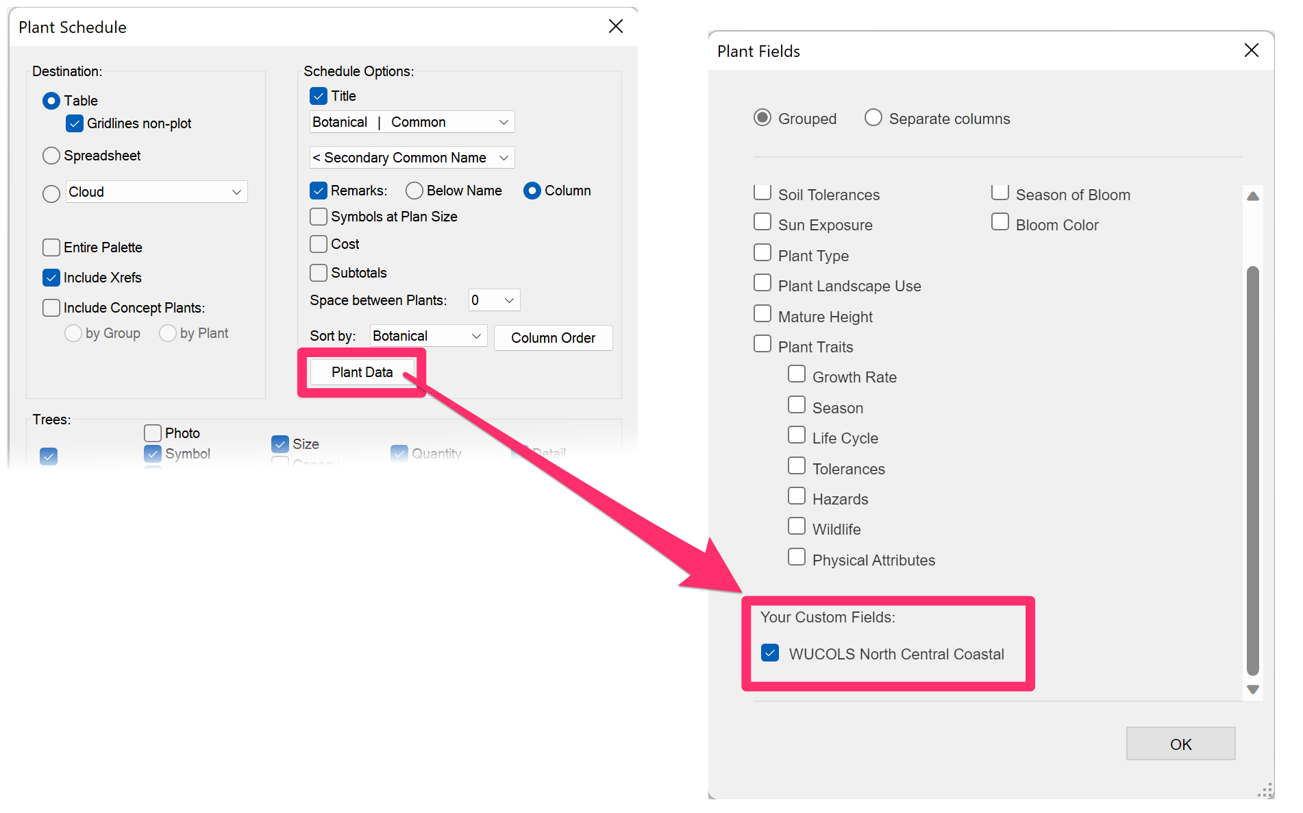 Plant Schedule dialog box, Plant Data Button, and custom field shown in Plant Fields dialog box