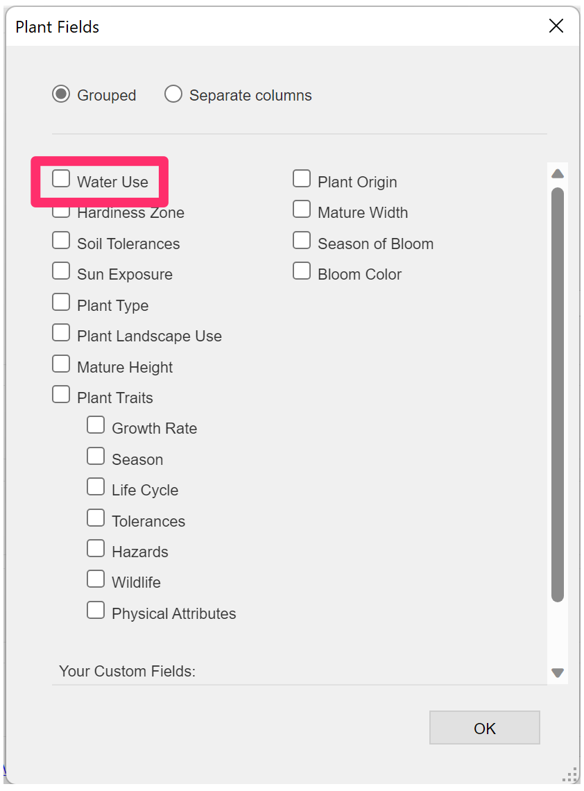 Plant Fields dialog box with Water Use option unchecked