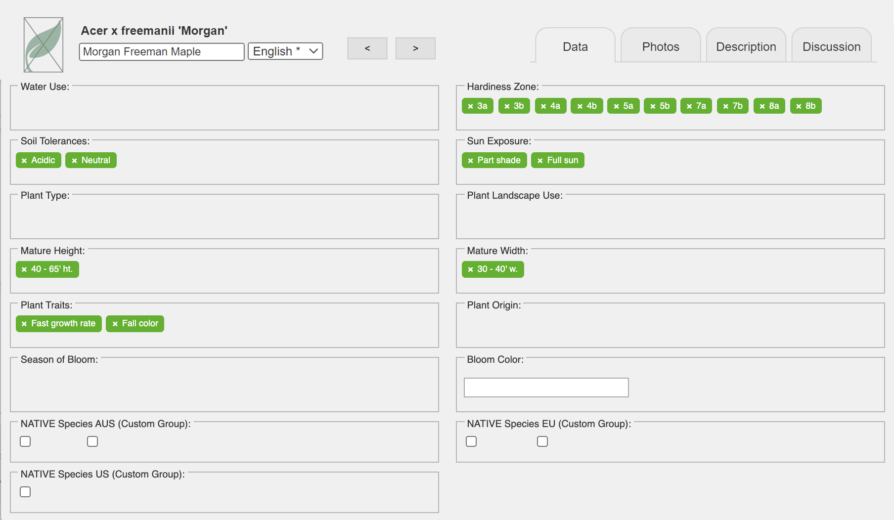 Plant data dialog box