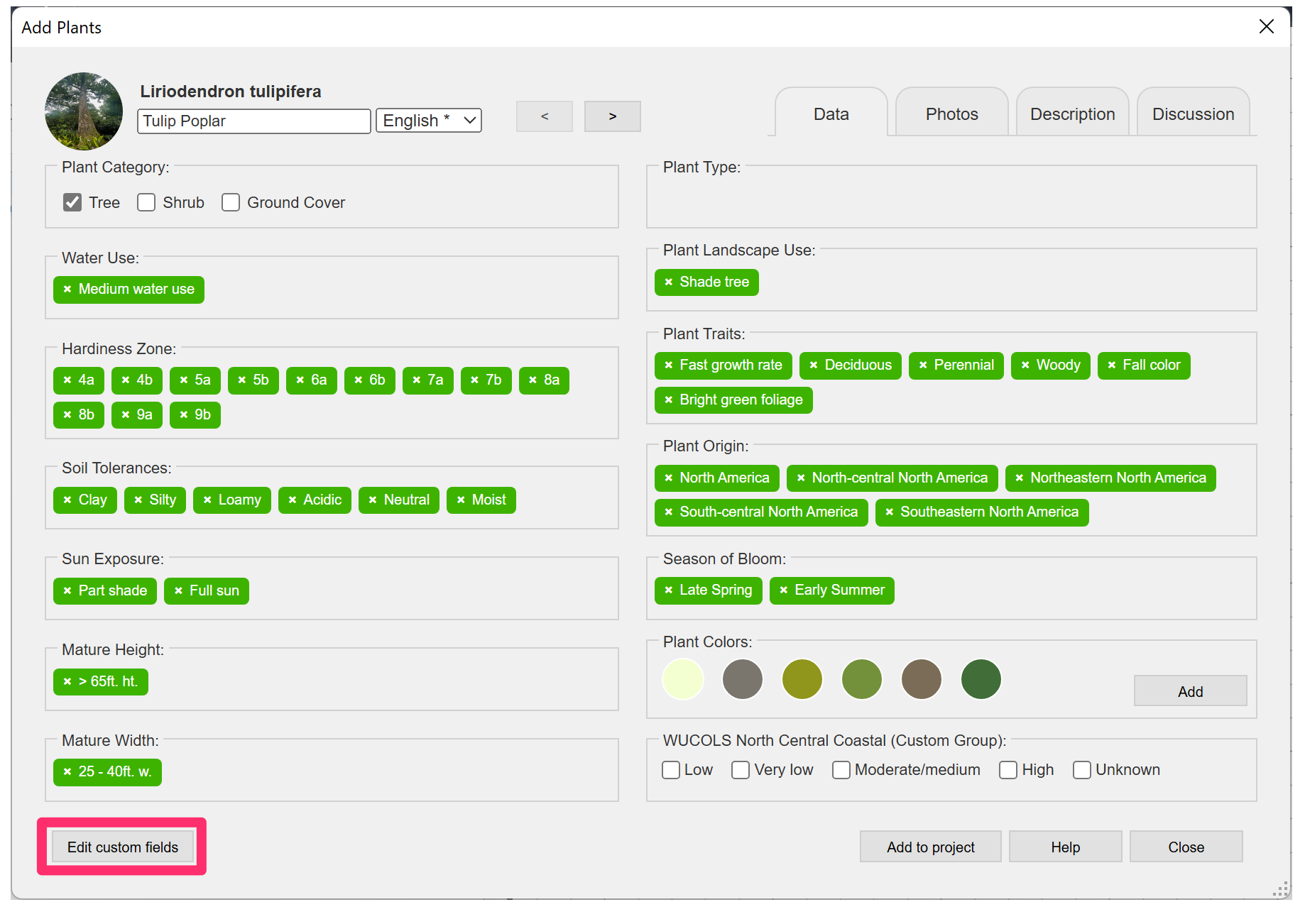 Edit custom fields button in the Add Plants dialog box