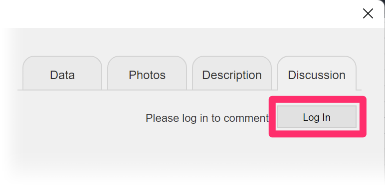 Plant data dialog box, Discussion tab, Log In button