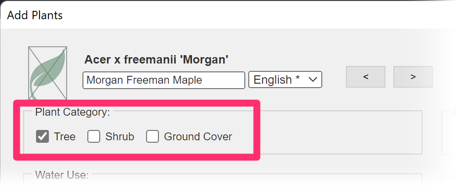 Selecting a plant category when adding a plant to the master Land F/X database