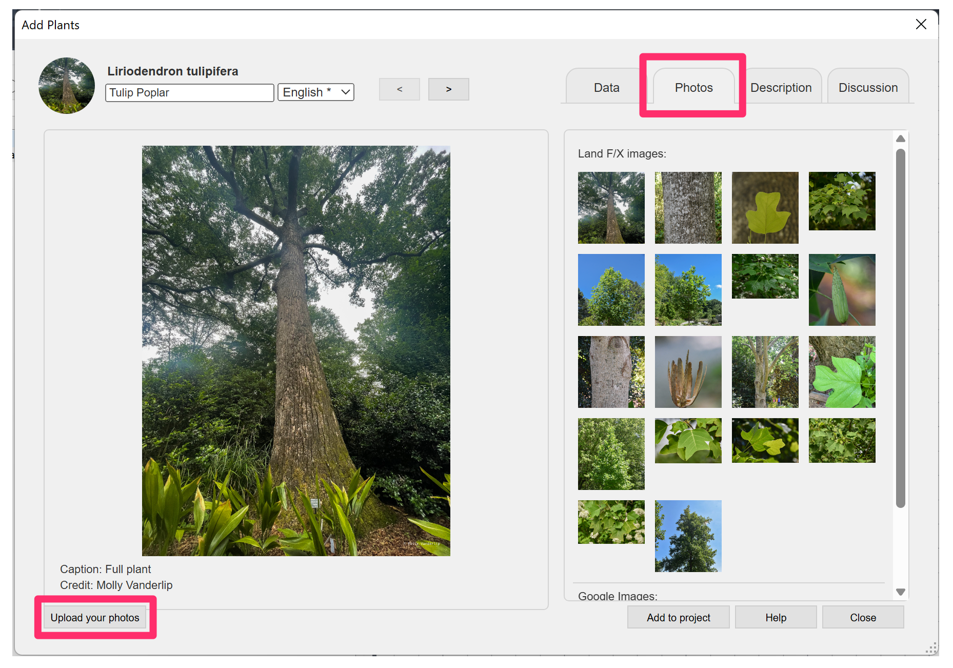 Upload your photos button in the Add Plants dialog box