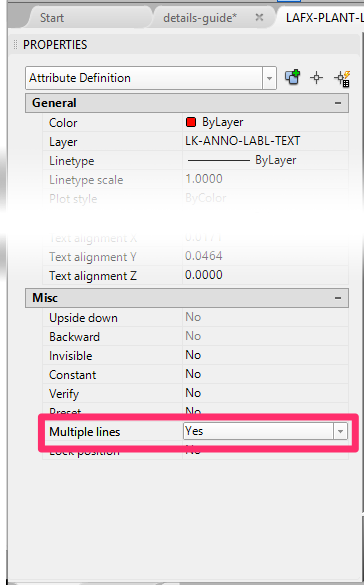 Properties panel, Misc section, Multiple Lines set to Yes