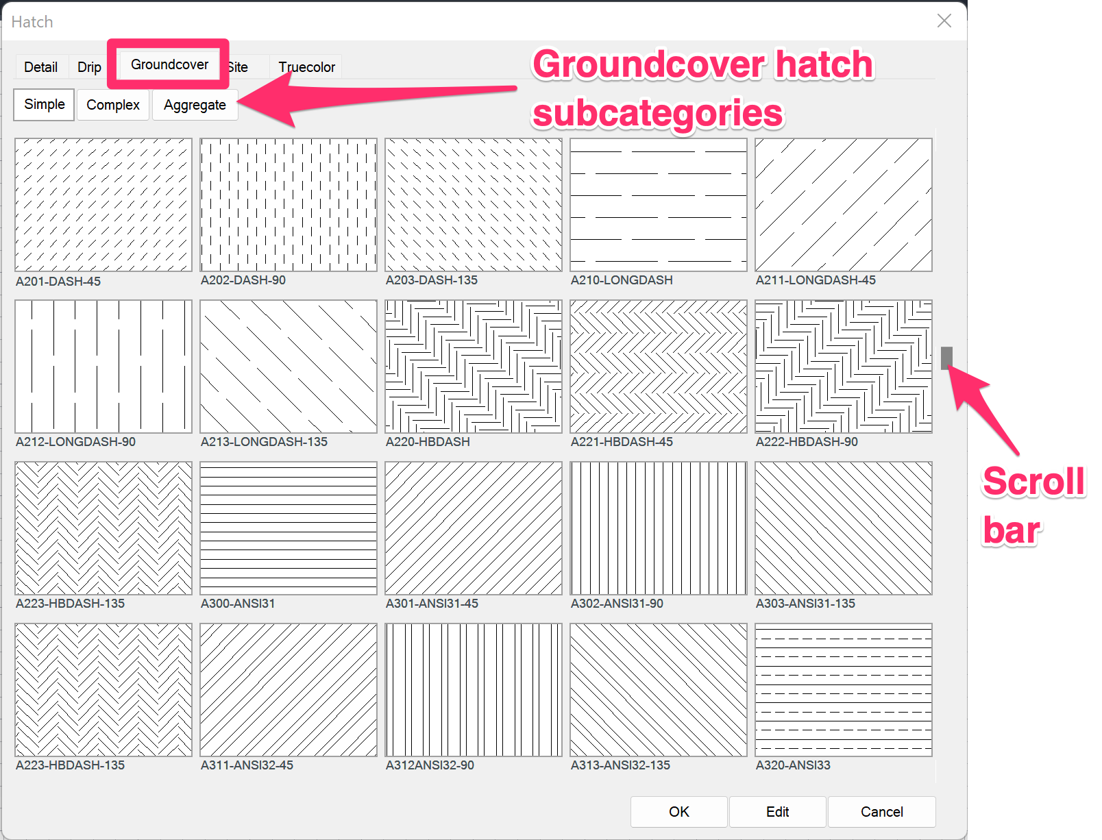 Hatch dialog box, Groundcover tab