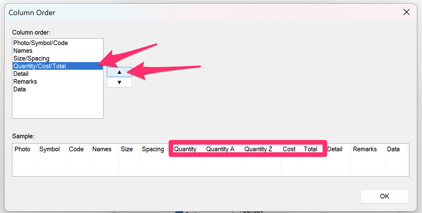 Column Order dialog box showing selected column group and up arrow