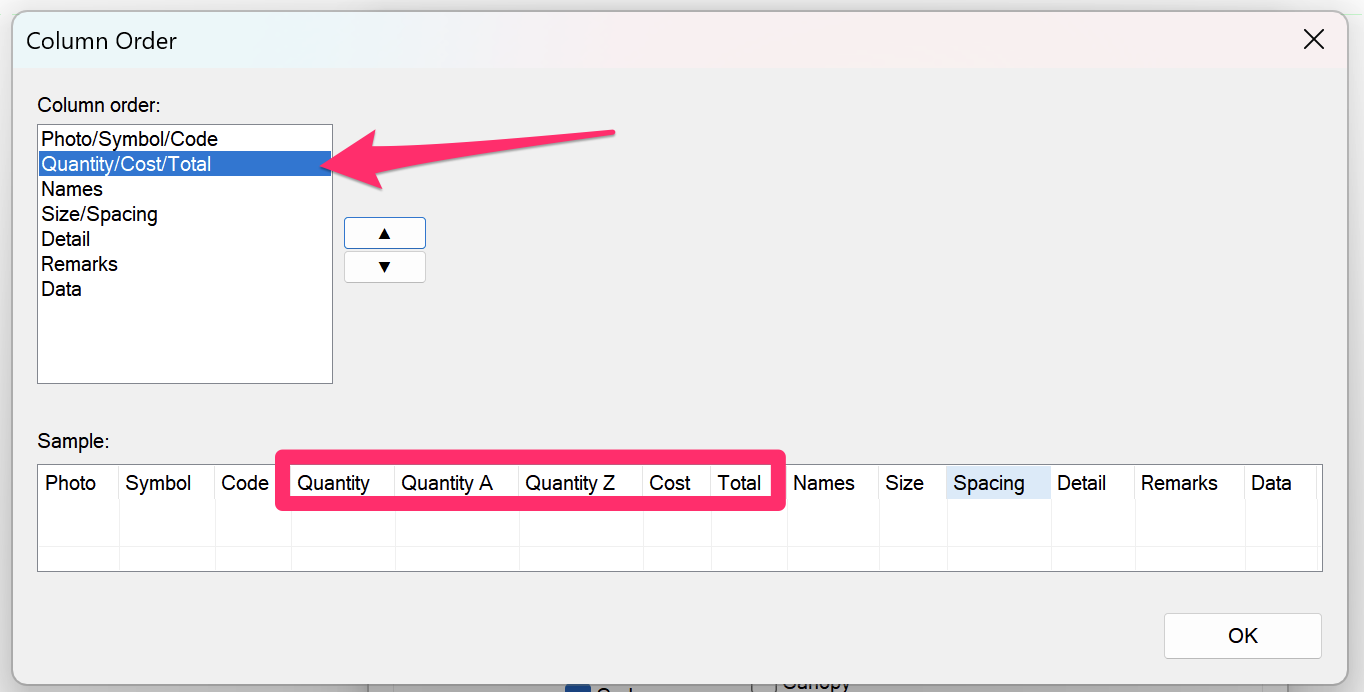 Column Order dialog box, columns reordered