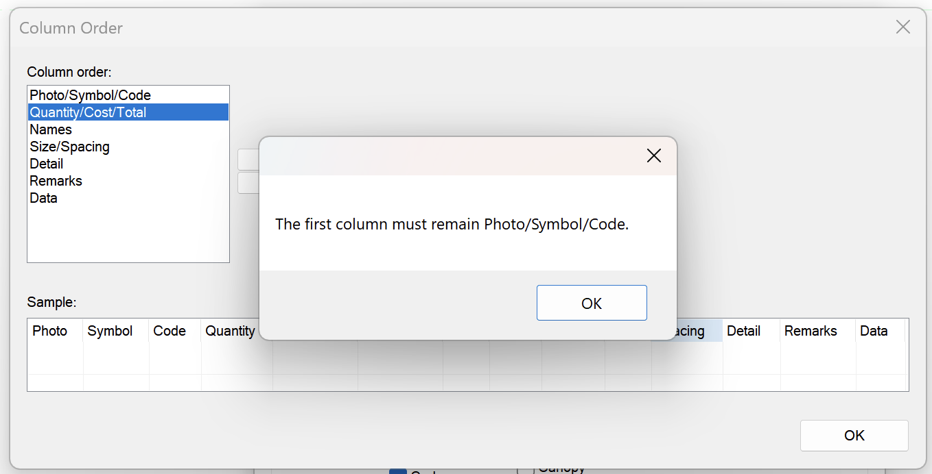 Column Order dialog box with The first column must remain Photo/Symbol/Code message