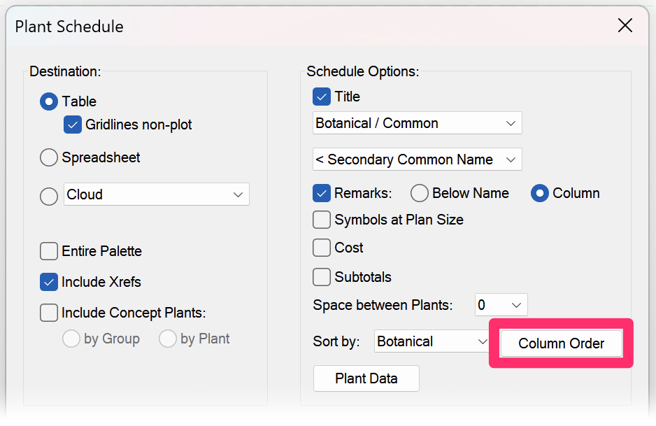 Plant Schedule dialog box, Column Order button