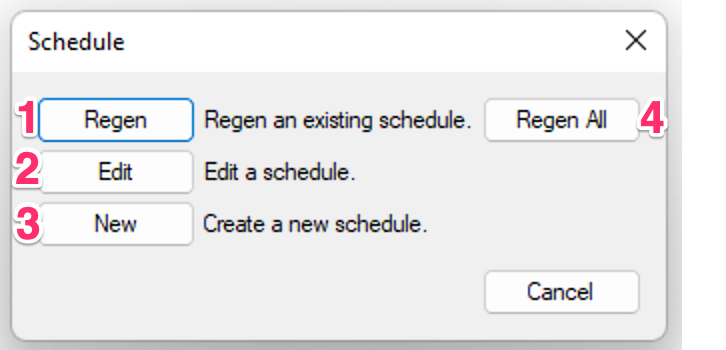 Schedule dialog box for editing or regenerating a Plant Schedule