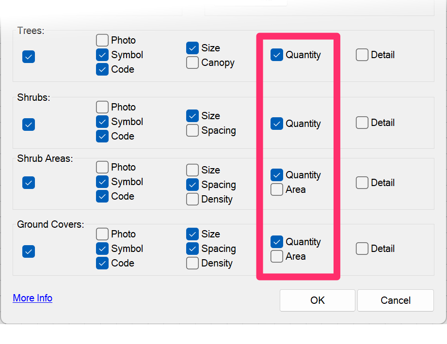 Quantity/Area options