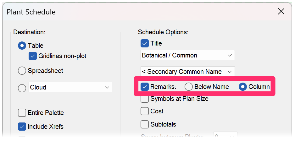 Plant Schedule dialog box, Remarks options