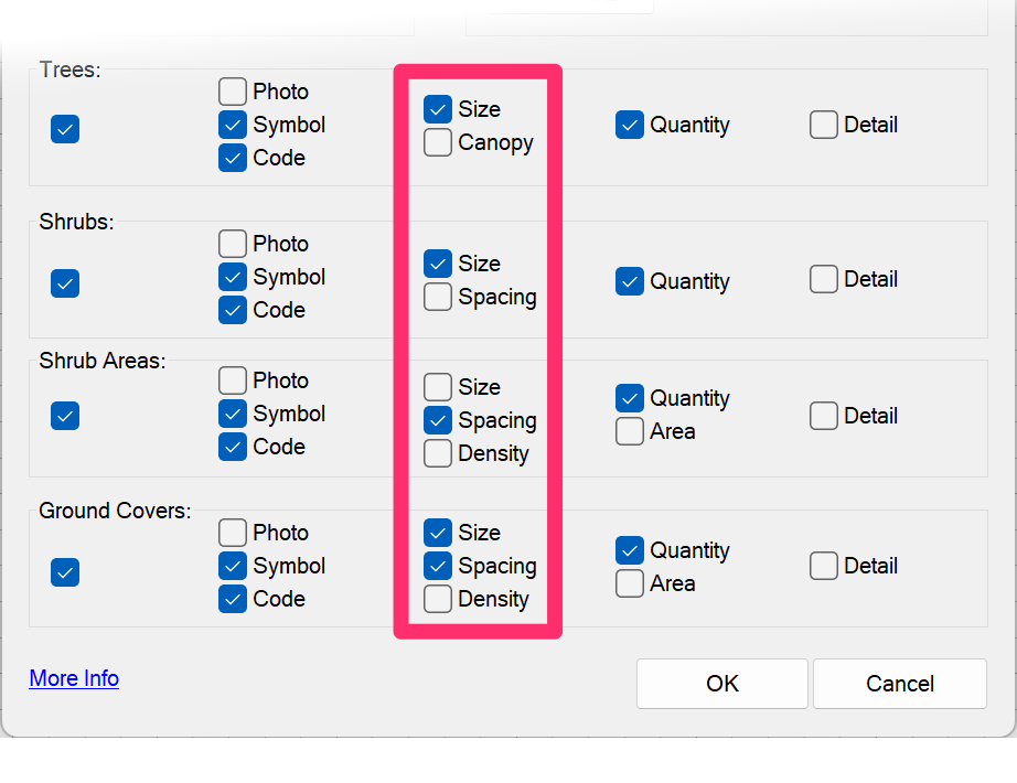 Size, Canoopy, Spacing, and Density options