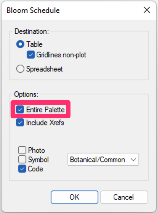 Bloom Schedule dialog box, Entire Palette option