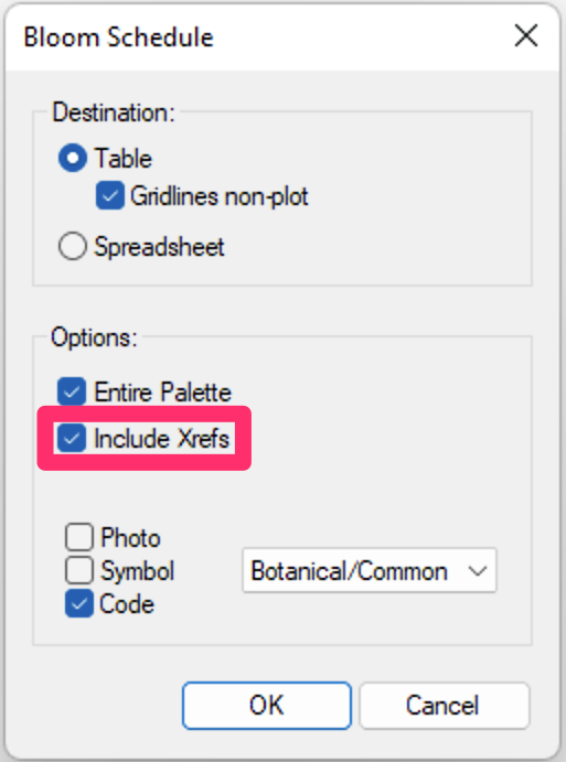 Bloom Schedule dialog box, Include Xrefs option