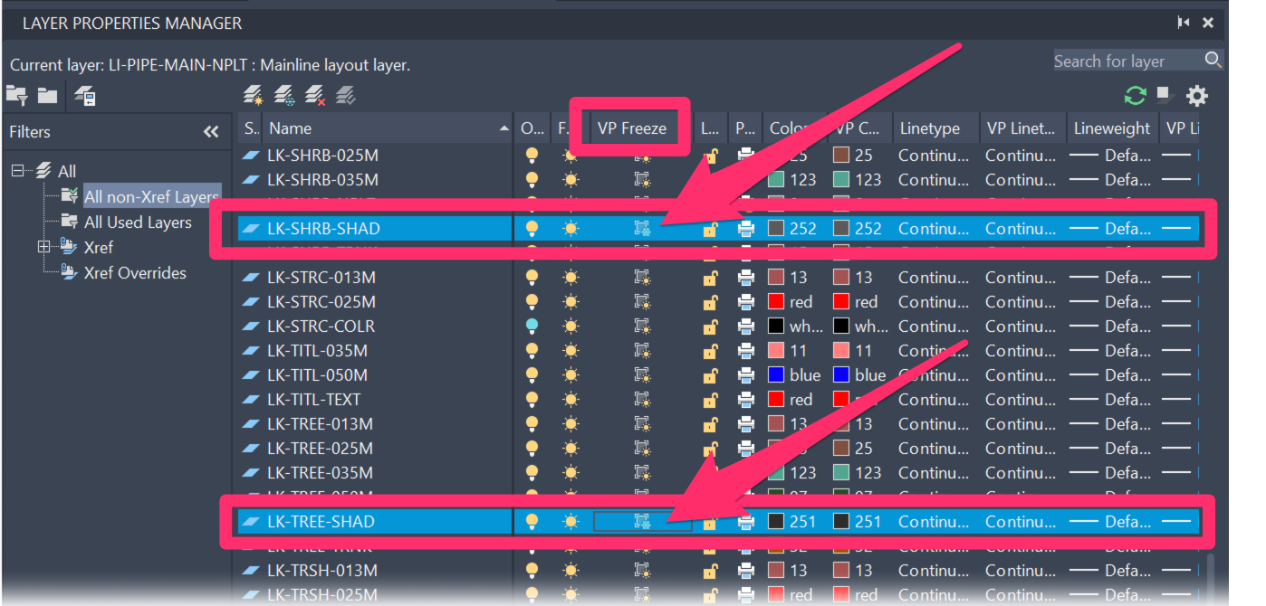 Layer Properties Manager with VP Freeze applied to the layers LK-SHRB-SHAD and LK-TREE-SHAD