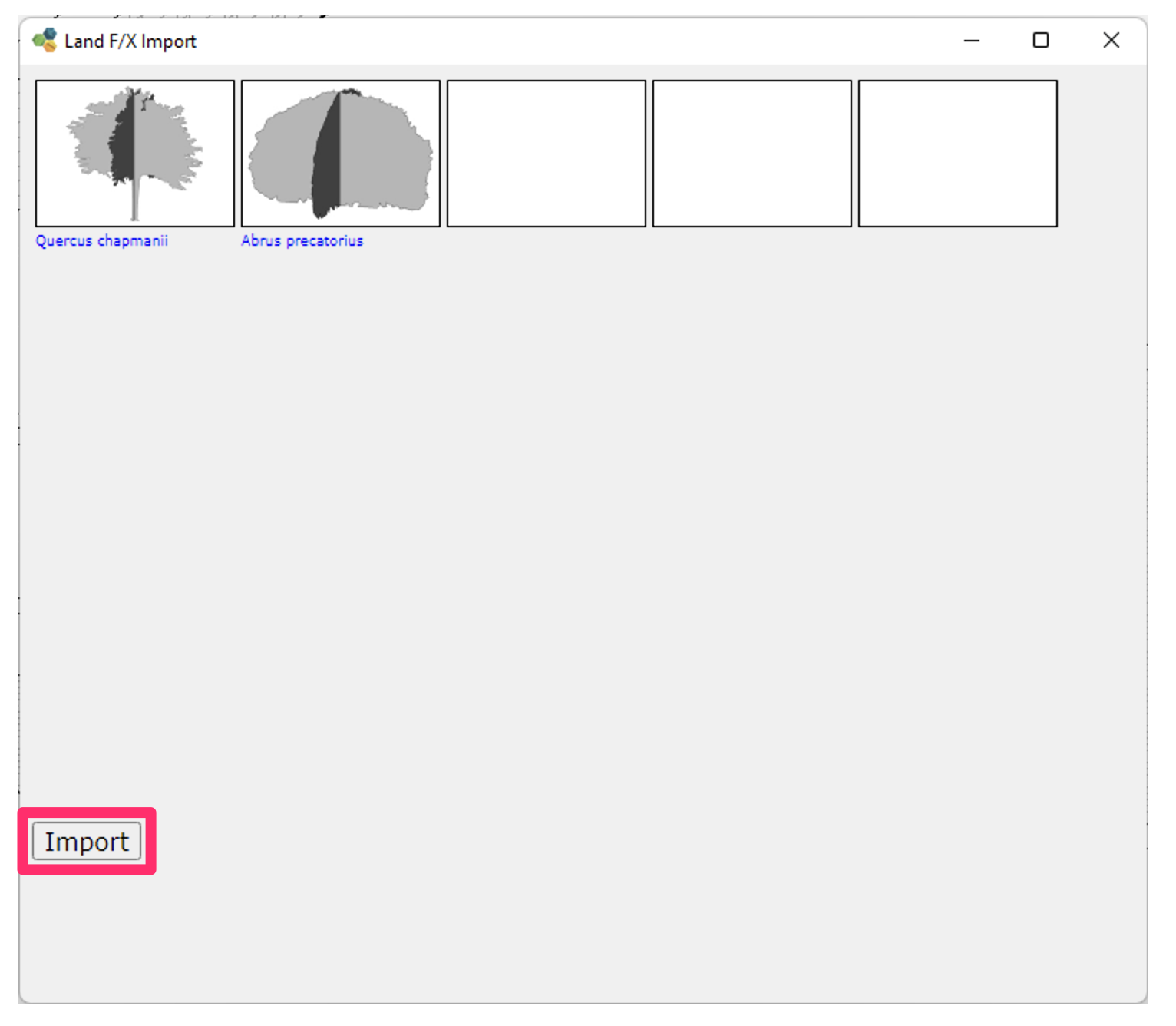 Land F/X Import dialog box, Import button