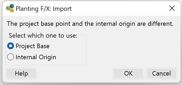 Planting F/X Import dialog box showing message that the project base point and the internal origin are different