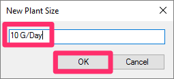 New Plant Size dialog box