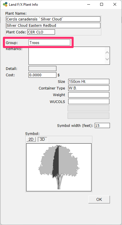 Land F/X Plant Info dialog box, Group menu