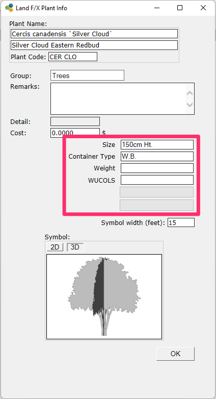 Plant Info dialog box, plant information fields