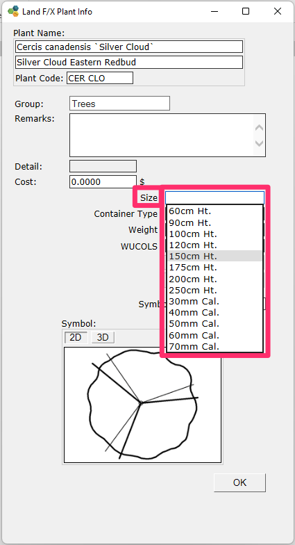 Plant Info dialog box, Size menu