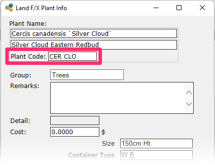 Land F/X Plant Info dialog box, Plant Code field