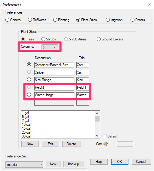 Plant Sizes Preferences, number of columns