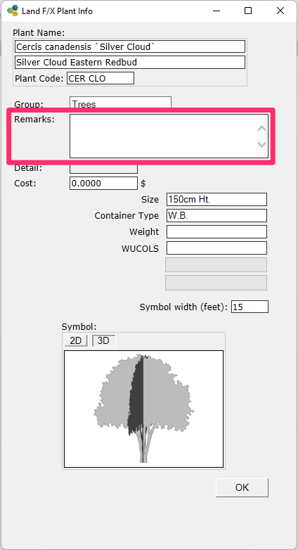 Plant Info dialog box, Remarks field