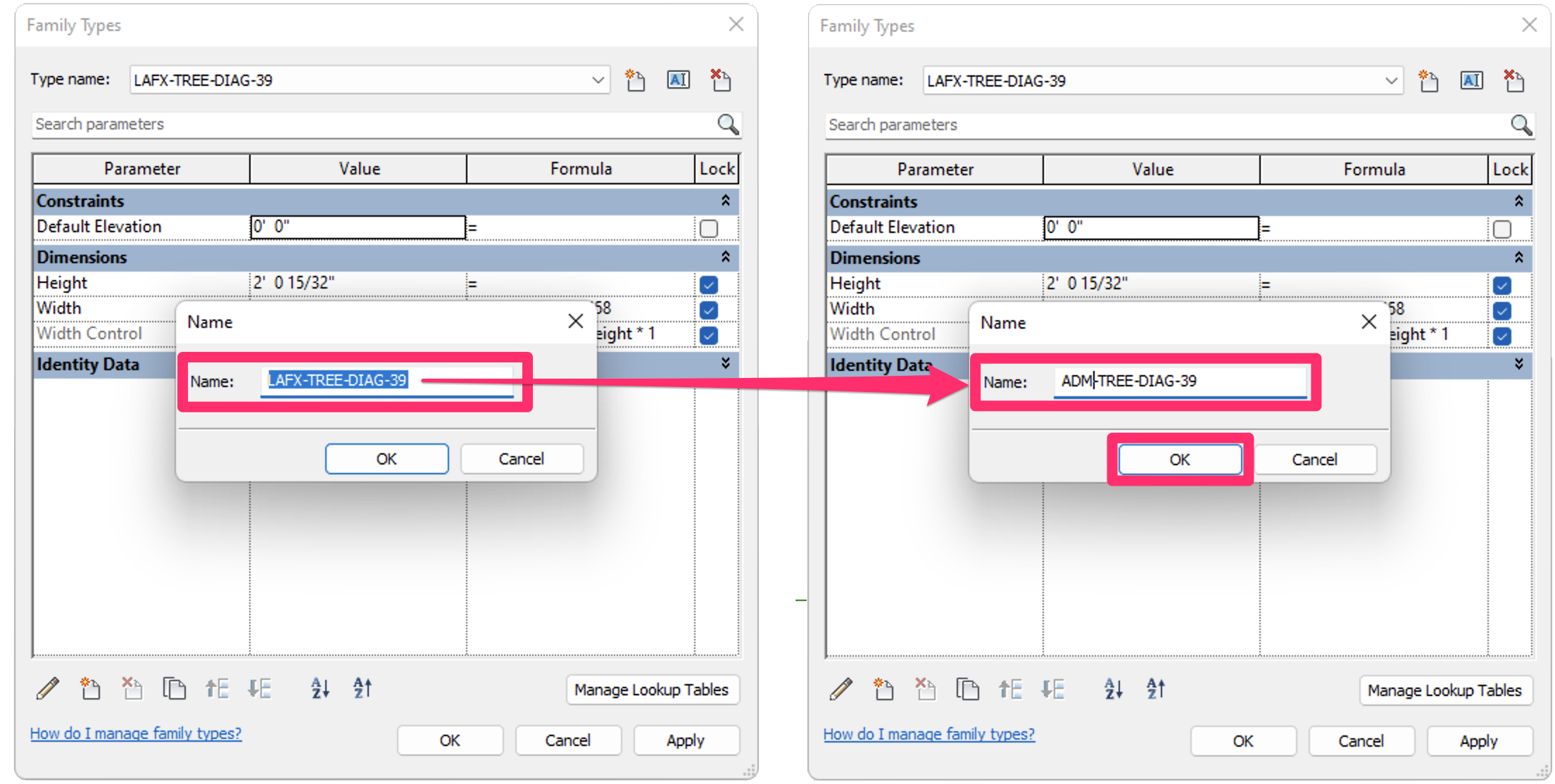 Family Types dialog box, editing the existing file name to match the new file name