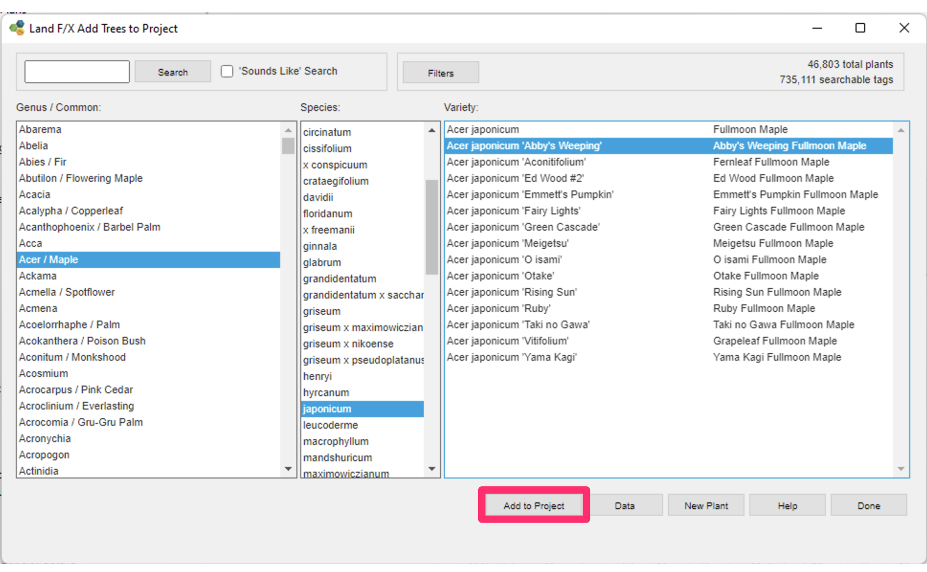 Add Plants dialog box, Add to Project button