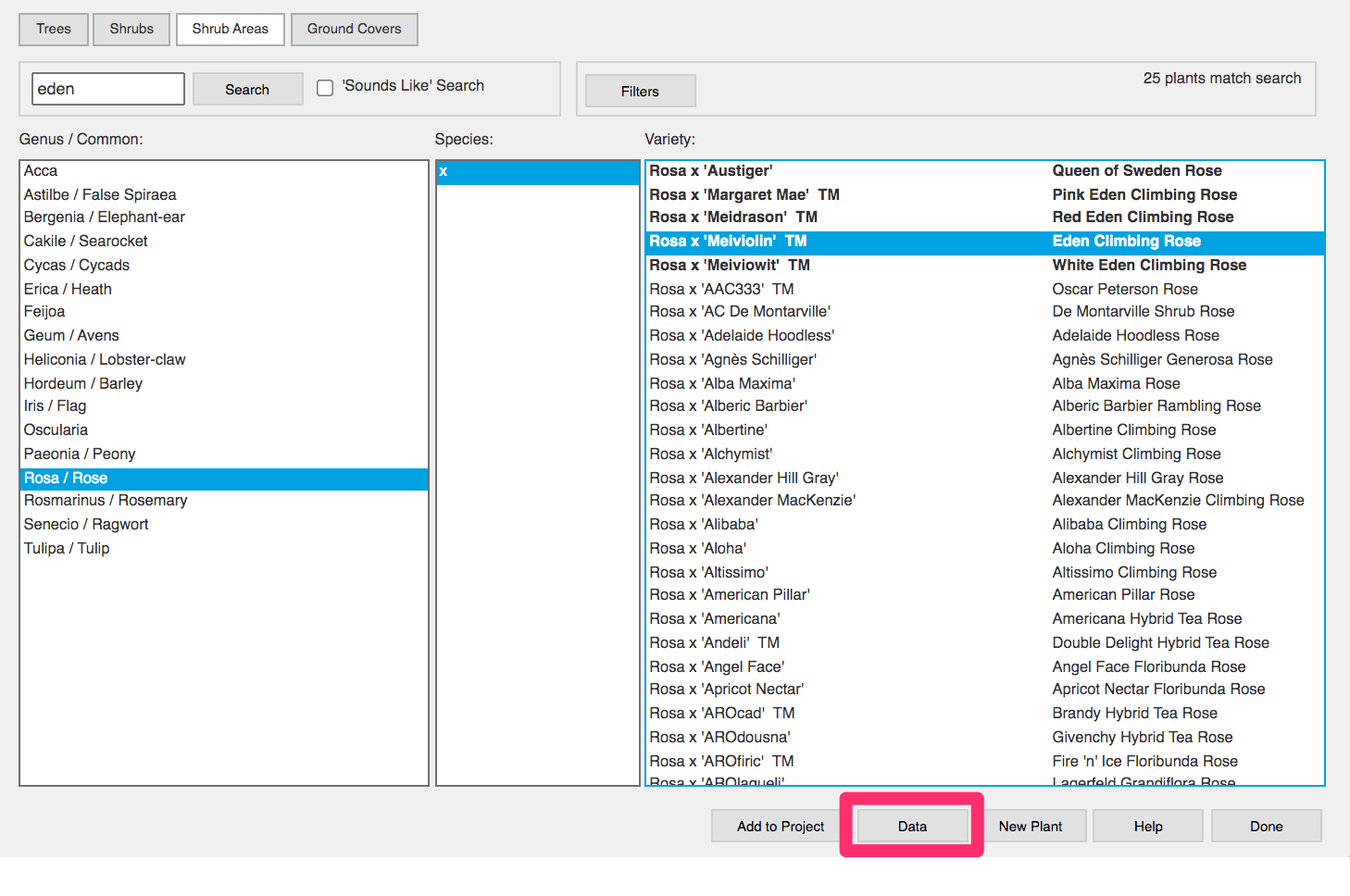 Add Plant dialog box, Data button