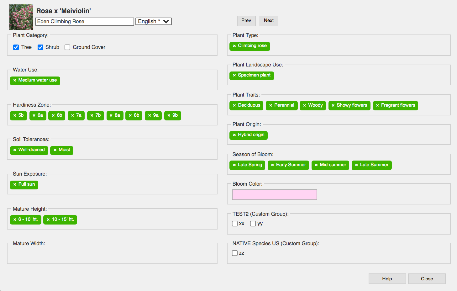 Plant data dialog box