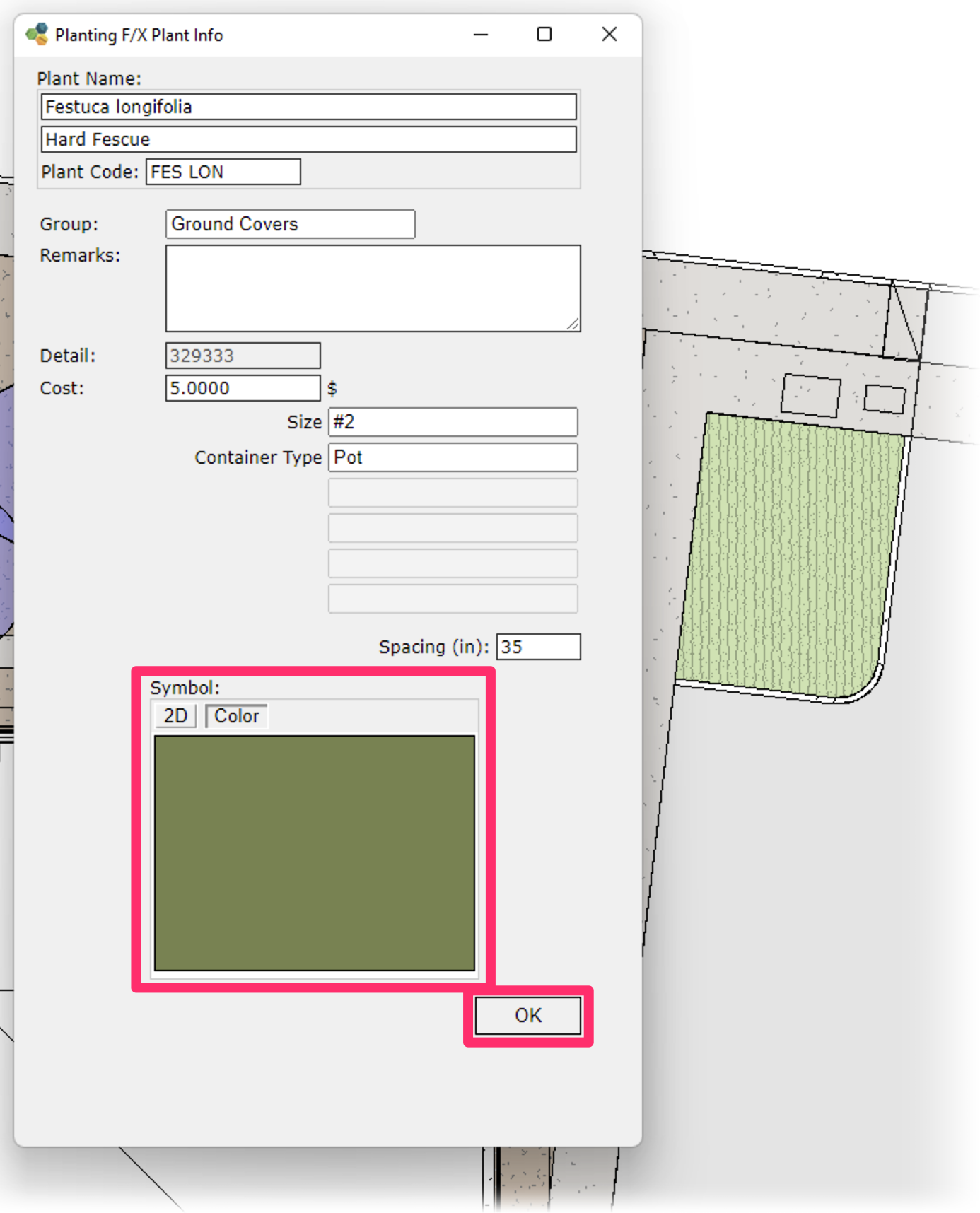 Planting F/X Plant Info dialog box, OK button