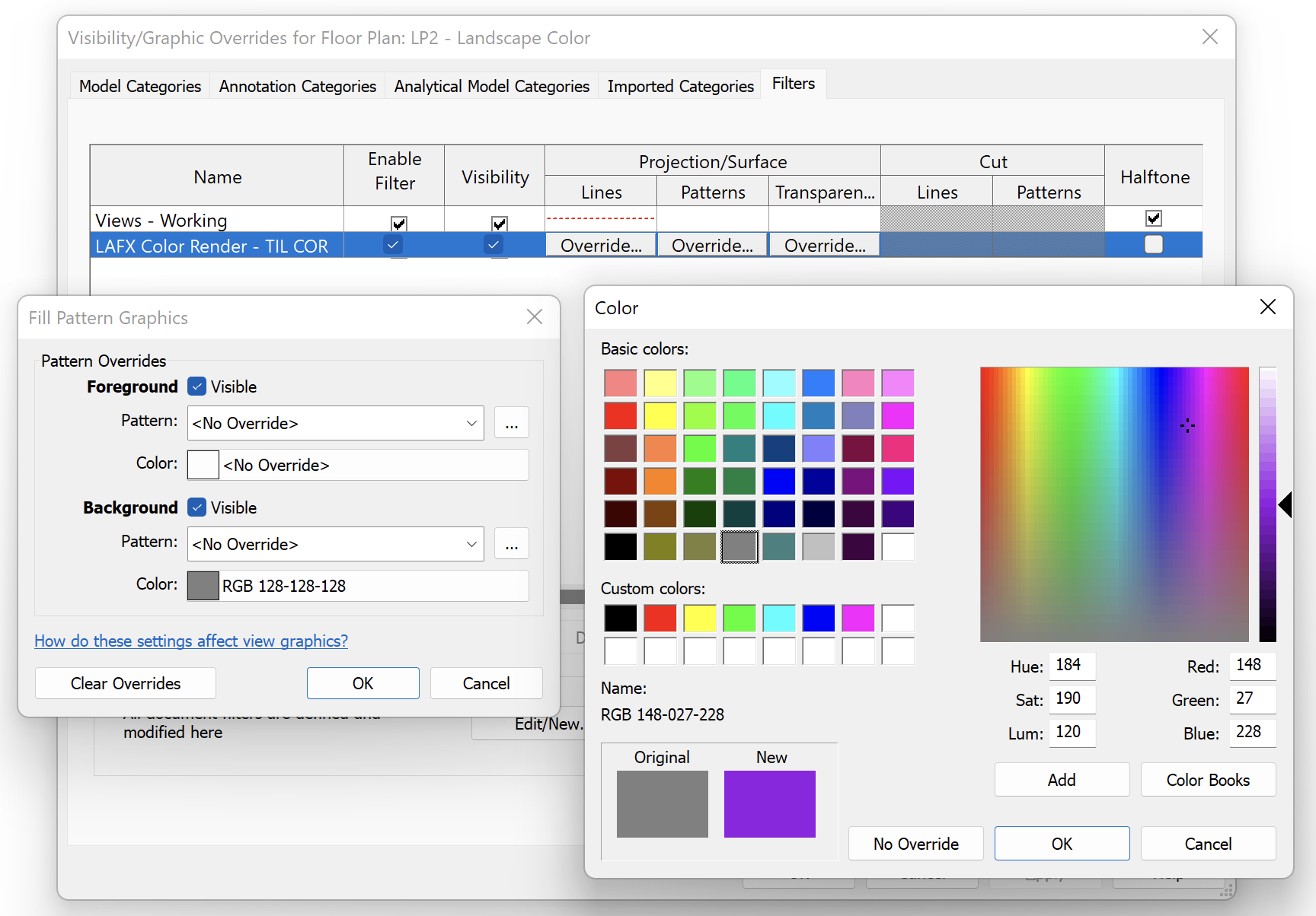 Fill Pattern Graphics and Color dialog boxes