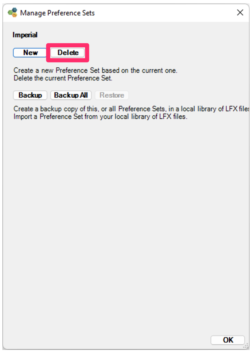 Manage Preference Sets dialog box, Delete button