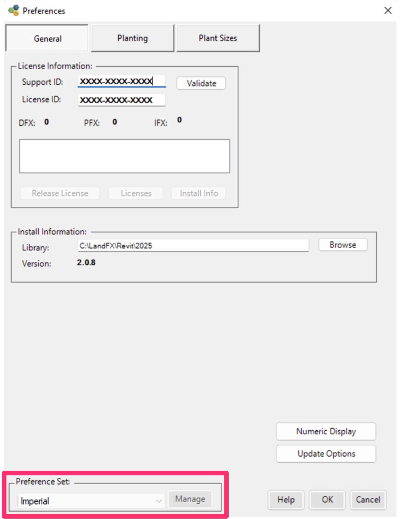 Preferences screen, Preference Set options