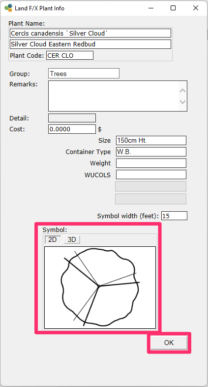 Plant Info dialog box, Symbol thumbnail and OK button