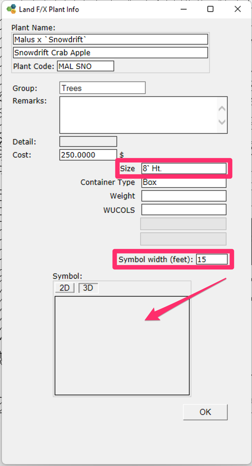 Plant Info dialog box with Symbol Size, Symbol Width, and Symbol thumbnail area highlighted