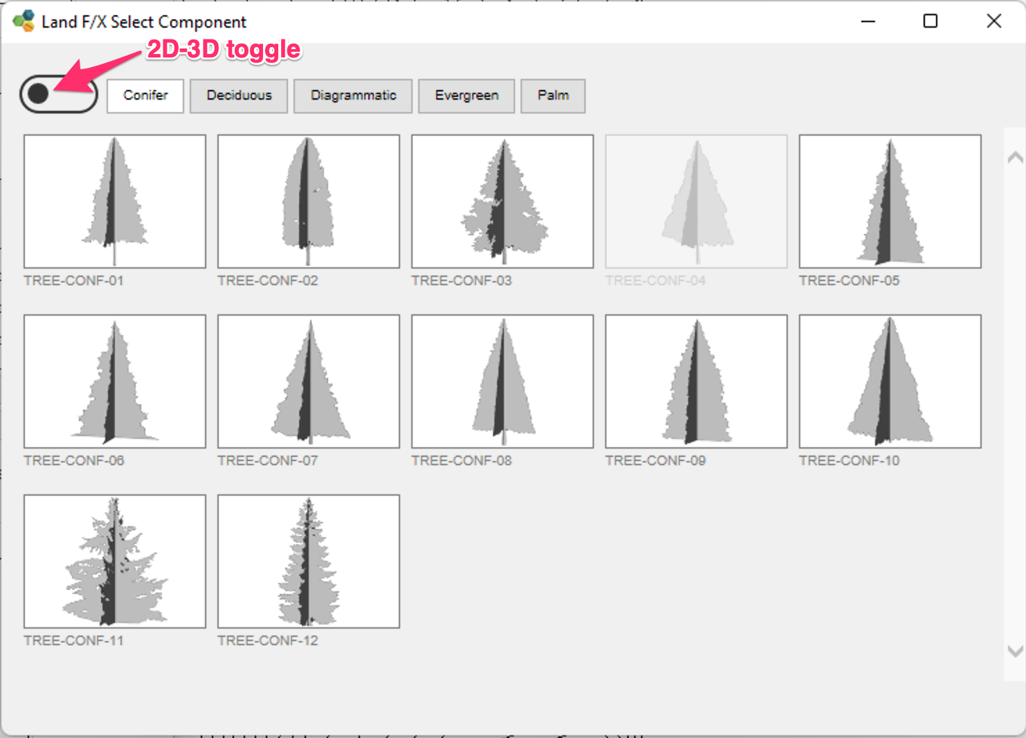 Land F/X Select Component dialog box, symbol toggles