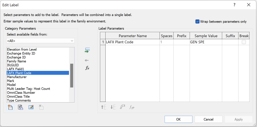 Edit Label dialog box in Revit