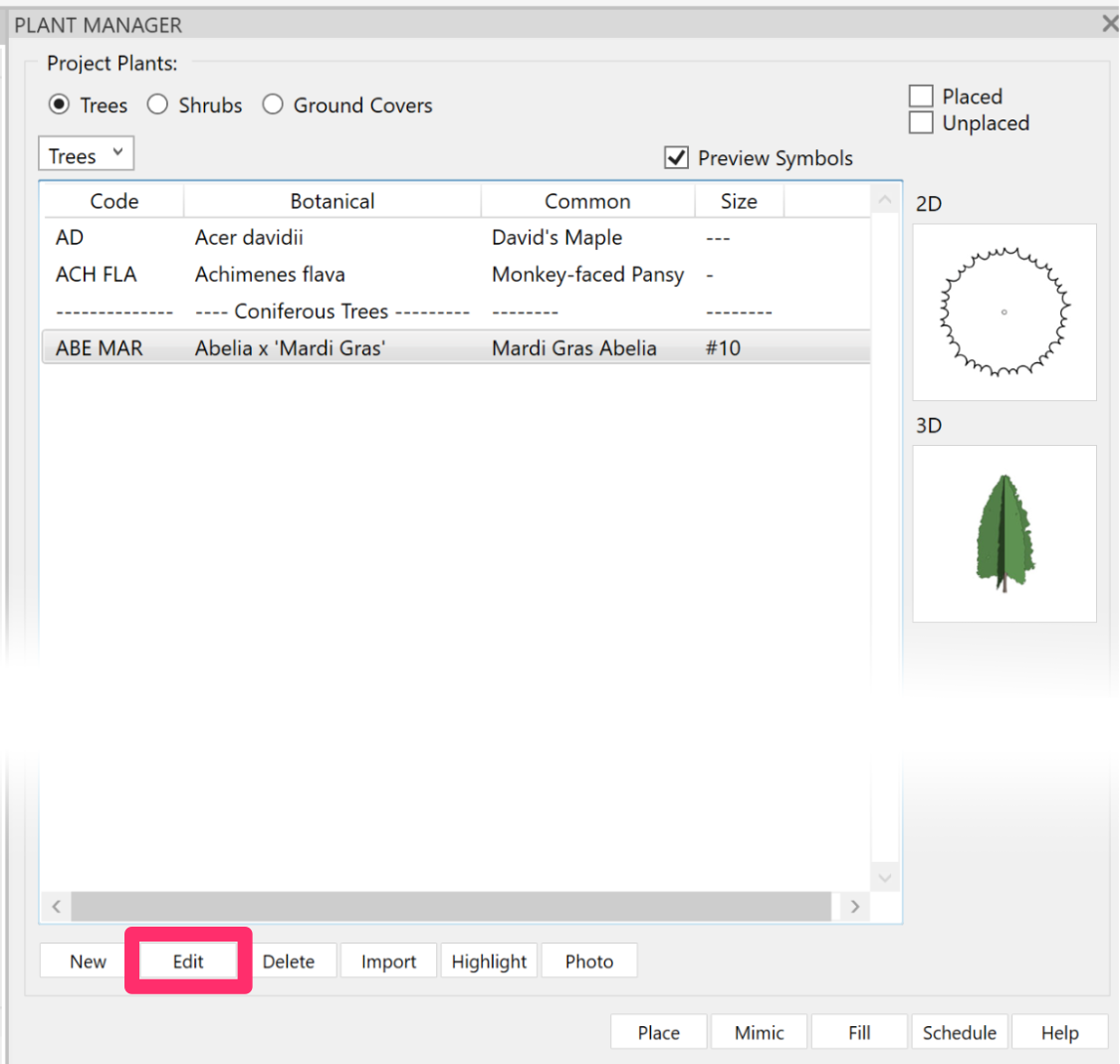 Plant Manager in Revit showing Edit button