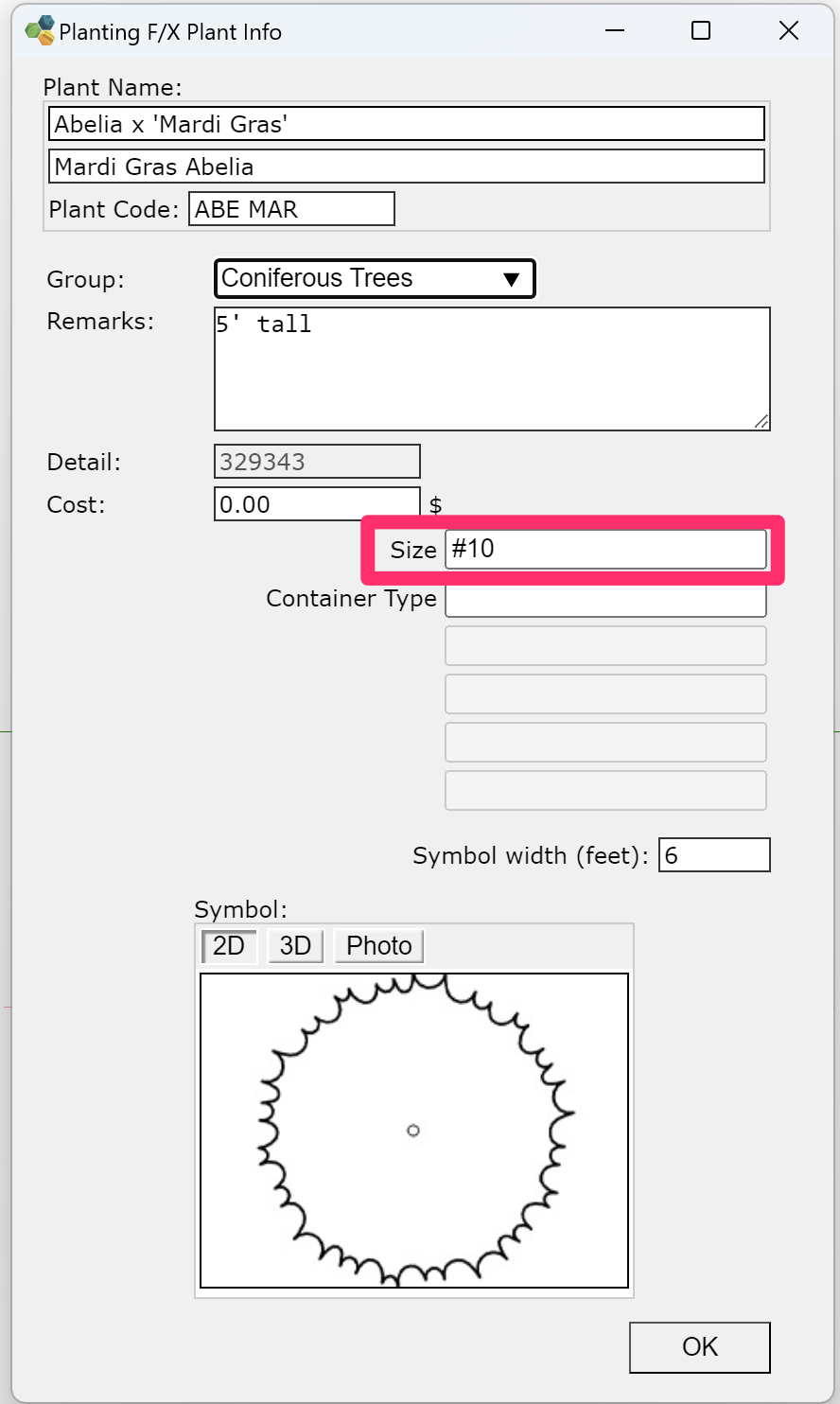 Plant Info dialog box, Size field