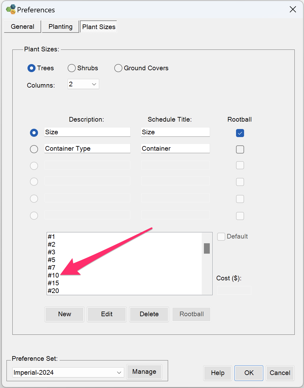 Plant Sizes Preferences showing value #10 in Size field