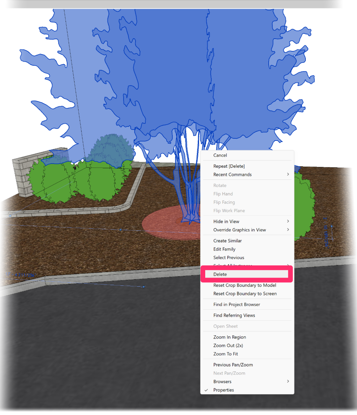 Menu that appears when right-clicking a tree in Revit, Delete option