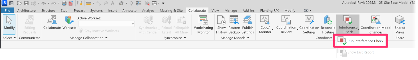 Collaborate ribbon in Revit, Run Interference Check flyout