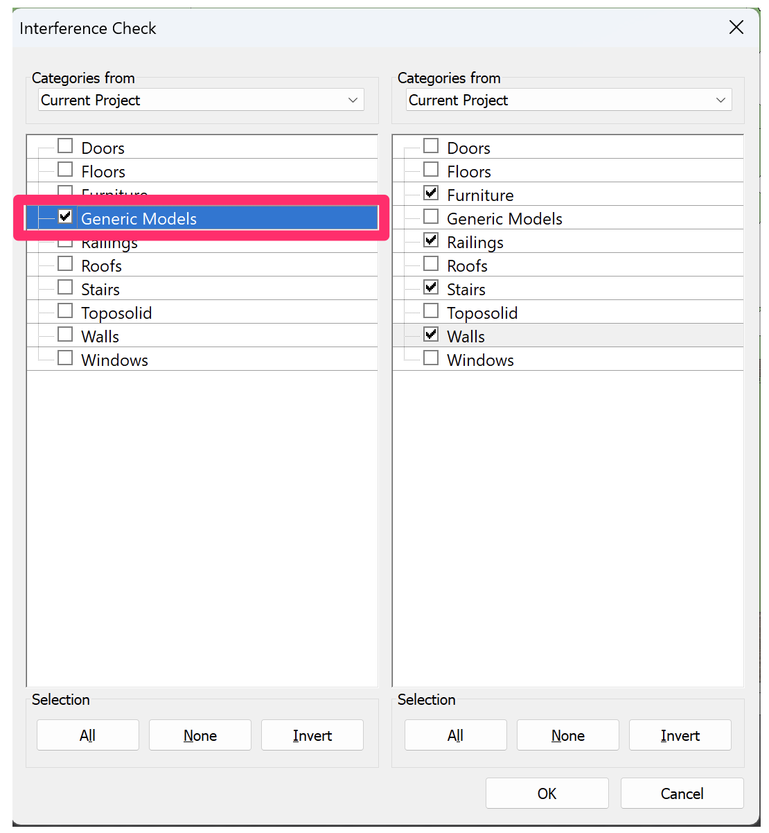 Interference Check dialog box showing Generic Models option selected