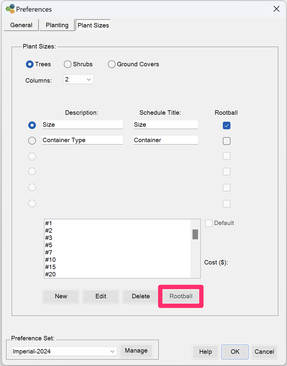 Plant Sizes Preferences screen showing rootball configuration options