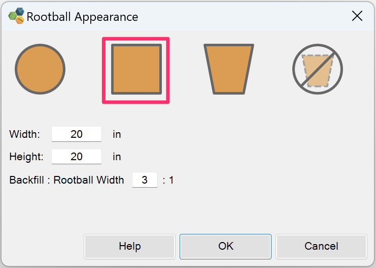 Rootball Appearance dialog box, box shape option