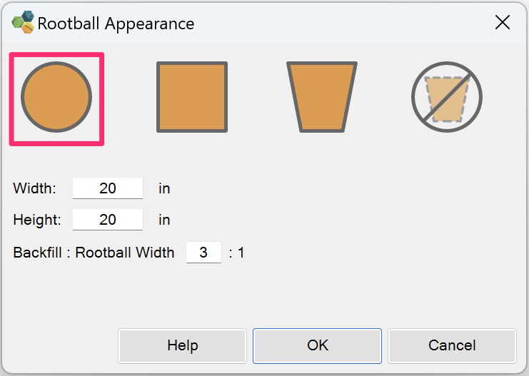 Rootball Appearance dialog box, circle shape option